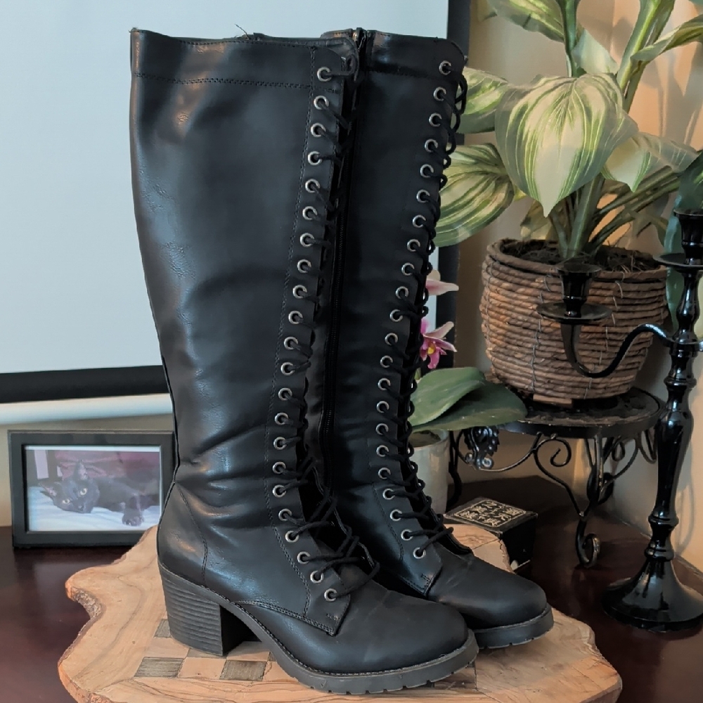 Black Lace-Up Knee-High Boots